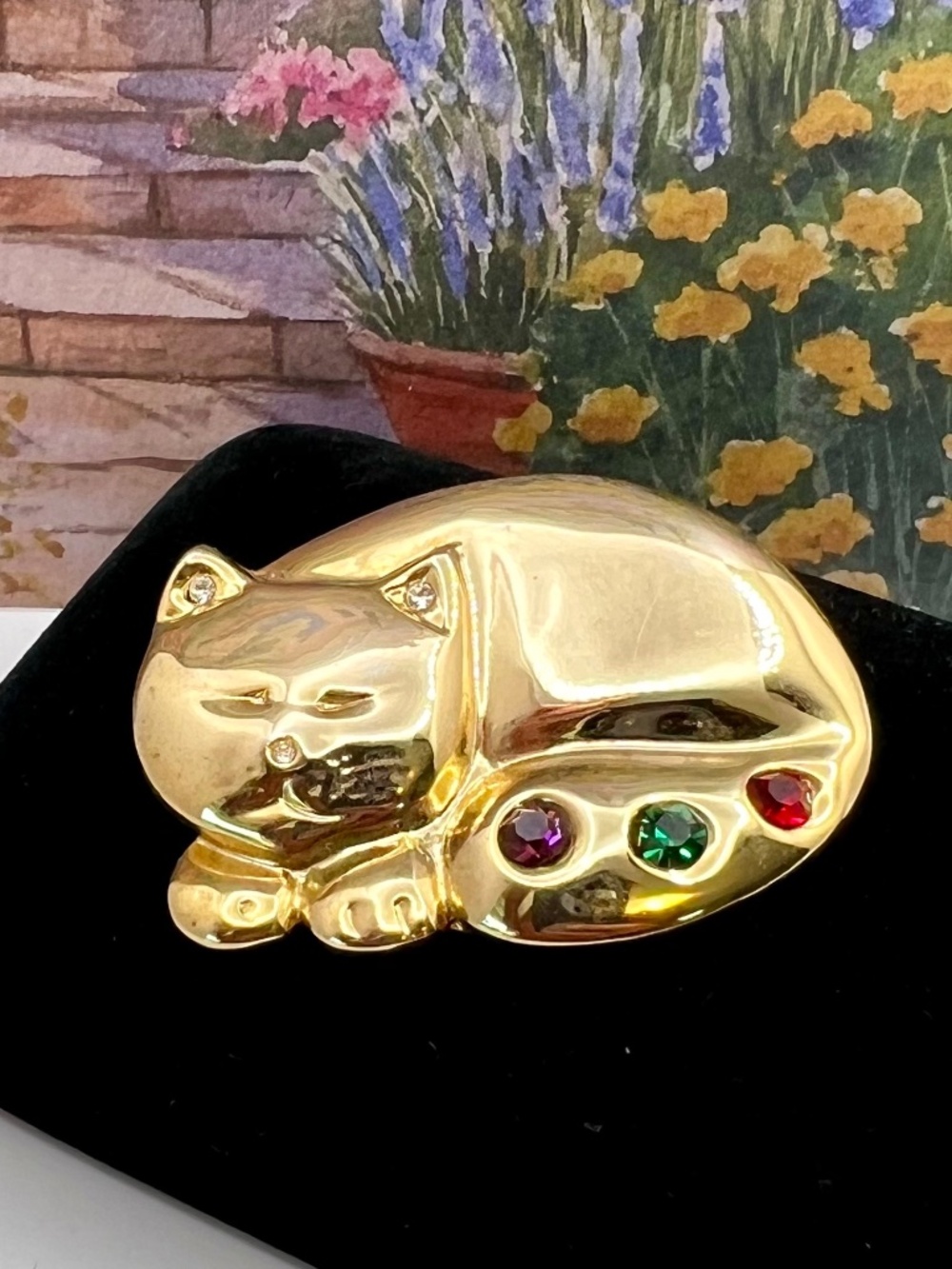 Gold Cat Brooch with Mughal Tone Accents